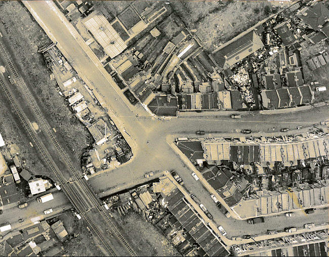 An Ariel photo of the Duke of Cambridge and Hook Road prior to demolition. The pub being at 12 o�clock at the road junction.